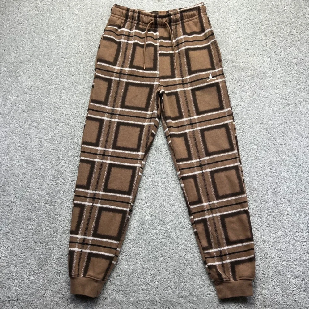 Jordan Mens Essential Fleece Sweatpants Size Small Brown Plaid Checkered Joggers